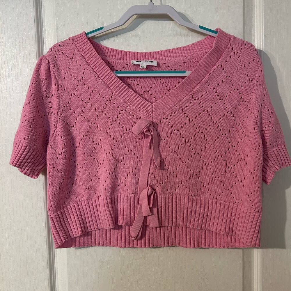 Day + Moon Pink Bow Tie Front Cropped Cardigan Coquette Knit Short Sleeve Size L - Picture 4 of 6